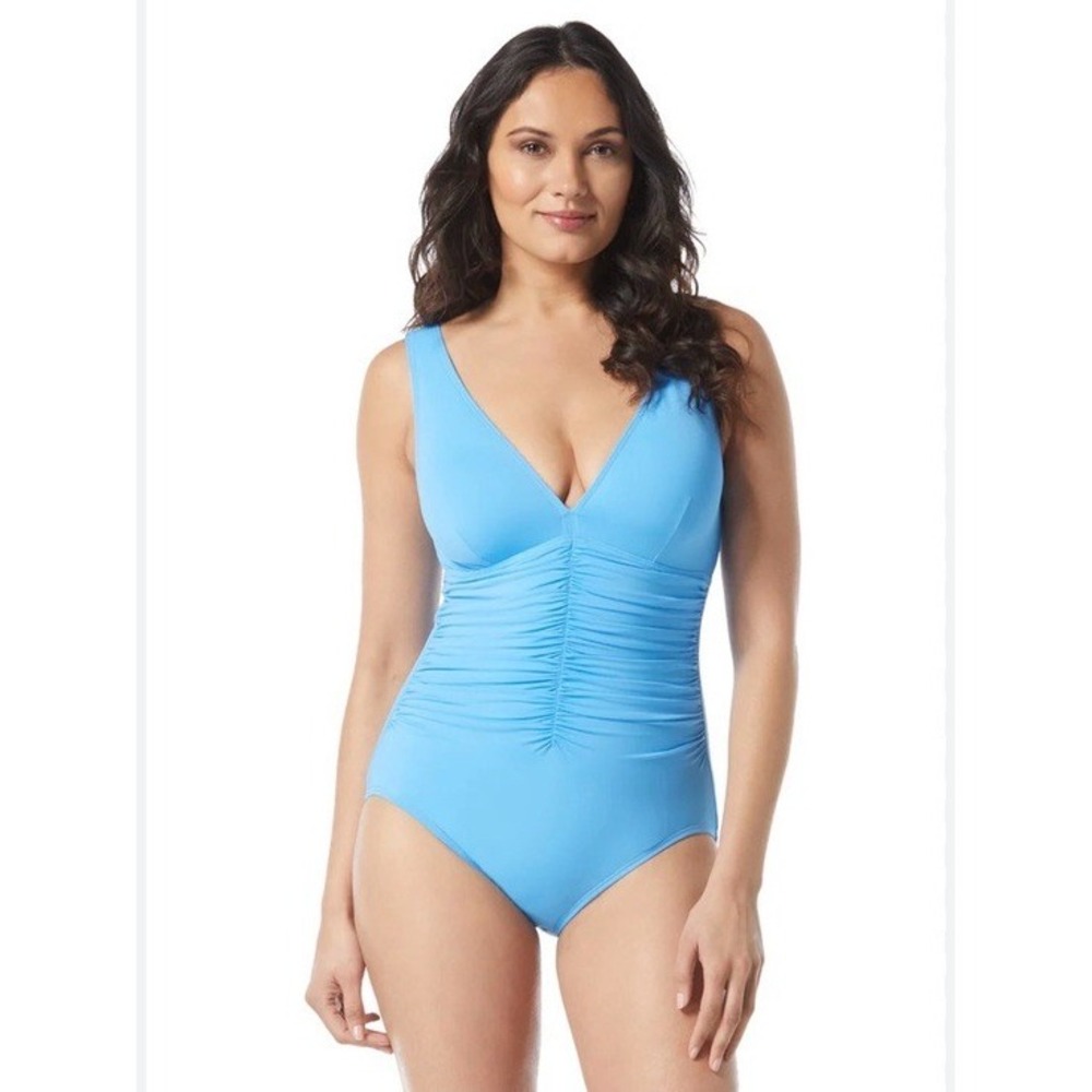 NWT Coco Contours One Piece Swimsuit Women Blue Ruched Shapewear 14/38D $138